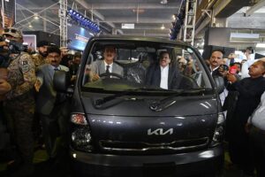 Chairman Senate Syed Yosuf Raza Gillani addressing during rollout ceremon of KIA Shehzore truck at Deewan Farroque Motors, Auto assembly plant at Sujawal, District of Sindh.