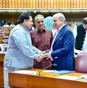 Prime Minister Muhammad Shehbaz Sharif interacts with parliamentarians during a session of the National Assembly.