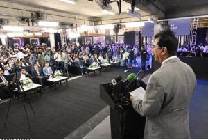 Chairman Senate Syed Yosuf Raza Gillani addressing during rollout ceremon of KIA Shehzore truck at Deewan Farroque Motors, Auto assembly plant at Sujawal, District of Sindh.