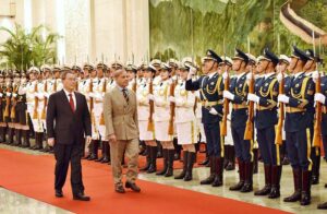 Prime Minister Muhammad Shehbaz Sharif is being presented with the Guard of honor at Great Hall of the People.
