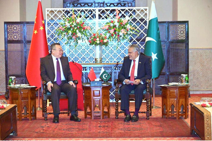 Deputy Prime Minister and Foreign Minister Senator Mohammad Ishaq Dar in a meeting with Minister of the International Department of the Central Committee of the Communist Party of China (IDCPC), Liu Jianchao