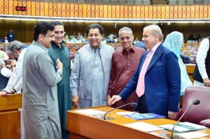 Prime Minister Muhammad Shehbaz Sharif interacts with parliamentarians during a session of the National Assembly.