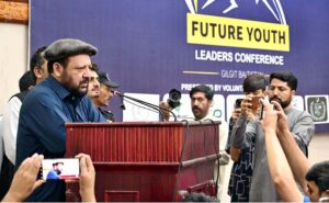 Chief Minister Gilgit-Baltistan Haji Gulbar Khan addressing during the Future Youth Leaders Conference organized by Volunteers Force Pakistan.