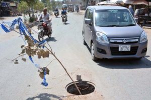 A view of open main hole in the middle of Miranwala Bangla Boraywala Road which may cause any mishap needs attention of concerned authorities.
