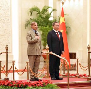 Prime Minister Muhammad Shehbaz Sharif is being presented with the Guard of honor at Great Hall of the People.