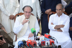Finance Minister Senator Mr. Muhammad Aurangzeb , talking to the media persons