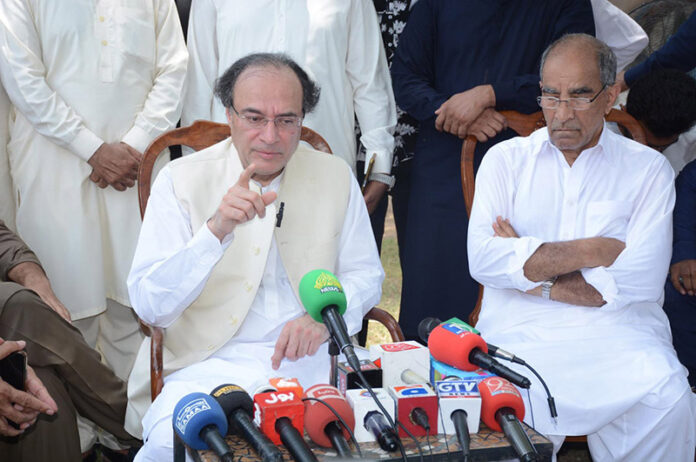 Finance Minister Senator Mr. Muhammad Aurangzeb , talking to the media persons