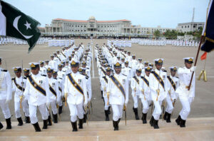Chief of Naval Staff Admiral Naveed Ashraf NI (M) T Bt addressing during passing out Parade of 121st Midshipmen and 29th Short Service Commission Course at Pakistan Naval Academy.
