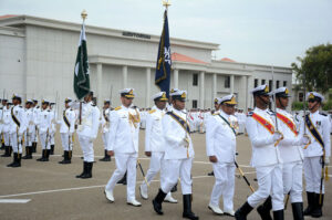 Chief of Naval Staff Admiral Naveed Ashraf NI (M) T Bt addressing during passing out Parade of 121st Midshipmen and 29th Short Service Commission Course at Pakistan Naval Academy.