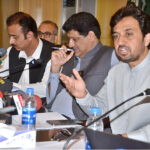 Balochistan Minister for Finance Mir Shoiab Nosherwani along with Minister for Planning and Development Mir Zahore Buledi addressing a post budget press conference