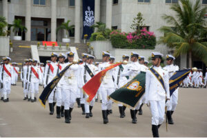 Chief of Naval Staff Admiral Naveed Ashraf NI (M) T Bt addressing during passing out Parade of 121st Midshipmen and 29th Short Service Commission Course at Pakistan Naval Academy.