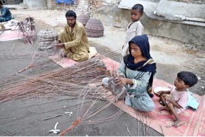 Gypsy family busy in preparing traditional baskets with tree branches at their workplace in Kali Mori area.