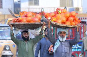 Daily wage workers carrying seasonal fruit baskets on their heads to earn for livelihood.