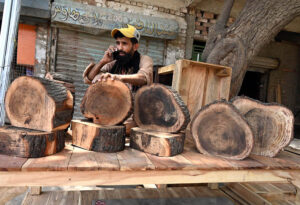 Vendors displaying wooden pieces used for meat cutting to attract customers in preparation for the upcoming Eid-ul-Azha
