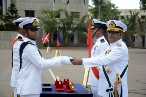 Chief of Naval Staff Admiral Naveed Ashraf NI (M) T Bt addressing during passing out Parade of 121st Midshipmen and 29th Short Service Commission Course at Pakistan Naval Academy.