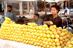 A vendor displaying seasonal fruit mangoes to attract customers at his roadside setup.