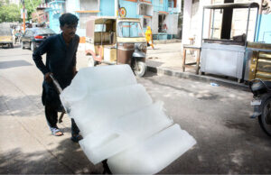 A labourer pushing handcart loaded with ice blocks to deliver at selling point as ice demand increased during hot weather in Provincial Capital.