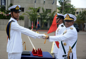 Chief of Naval Staff Admiral Naveed Ashraf NI (M) T Bt addressing during passing out Parade of 121st Midshipmen and 29th Short Service Commission Course at Pakistan Naval Academy.