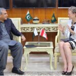 Federal Minister for Interior Mohsin Naqvi in a meeting with Canadian High Commissioner Leslie Scanlon