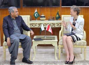Federal Minister for Interior Mohsin Naqvi in a meeting with Canadian High Commissioner Leslie Scanlon