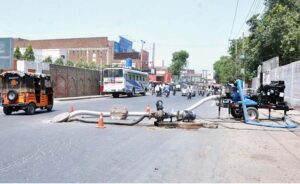 A view of drainage pump in the middle of Abdali Road creates hurdles in the smooth flow of traffic.