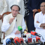 Federal Minister for Finance & Revenue Senator Muhammad Aurangzeb addresses a press conference in Kamalia