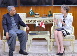 Federal Minister for Interior Mohsin Naqvi in a meeting with Canadian High Commissioner Leslie Scanlon