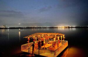 An attractive view of boat decorated with lights for visitors to enjoy a ride during night time at Rawal Dam in Federal Capital.