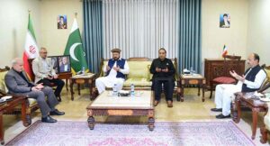Chief Minister Gilgit-Baltistan Haji Gulbar Khan offering Fateha after condoling with Ambassador of Iran, Reza Amiri Moghadam over the sad demise of the President of Iran Dr. Seyyed Ebrahim Raisi at the Embassy of Iran.
