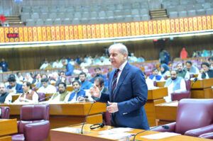 Prime Minister Muhammad Shehbaz Sharif addresses the budget session of the National Assembly.