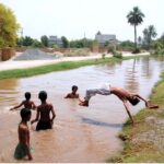 Children swim and dive into the canal, seeking relief from the intense heat