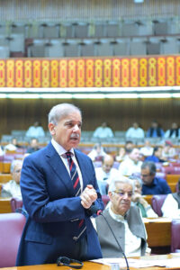 Prime Minister Muhammad Shehbaz Sharif addresses the budget session of the National Assembly.