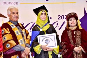 Defense Minister Khawaja Muhammad Asif addressing during the 5th convocation of Government College Women's University.