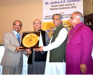 Minister for Law and Justice and Human Rights Senator Azam Nazeer Tarar alongwith Justice Mansoor Ali Shah presenting shields and certificates among distinguished guests at Justice A.R. Cornelius Conference