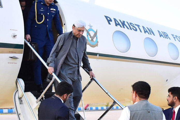 President Asif Ali Zardari arrives at Nawab Shah Airport