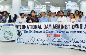 Prof. Dr. Imtiaz Ahmad Dogar, Psychiatry & Behavioral Science along with faculty members, doctors and paramedics participate in a walk to mark International Day against Drug Abuse and World Anti-Narcotics Day at Allied Hospital.