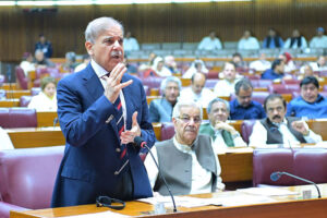 Prime Minister Muhammad Shehbaz Sharif addresses the budget session of the National Assembly.