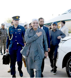 President Asif Ali Zardari arrives at Nawab Shah Airport