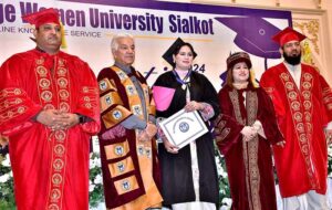 Defense Minister Khawaja Muhammad Asif addressing during the 5th convocation of Government College Women's University.