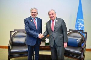 Deputy Prime Minister and Foreign Minister Senator Mohammad Ishaq Dar meets with UN Secretary General, Antonio Guterres on the sidelines of the high-level conference on "Urgent Humanitarian Response for Gaza”