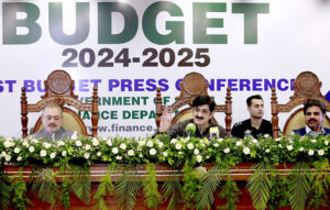 Sindh Chief Minister Syed Murad Ali Shah addressing a post-budget press conference at Sindh Assembly building