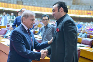 Prime Minister Muhammad Shehbaz Sharif interacts with Chairman PPP, MNA Bilawal Bhutto Zardari in the National Assembly.