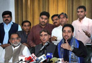 Provincial Minister for Sports and Youth Affairs Faisal Khokhar talking to media at Press Club.