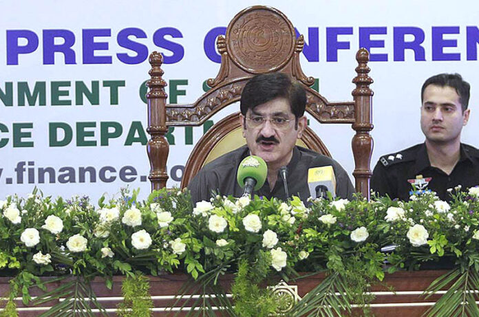 Sindh Chief Minister Syed Murad Ali Shah addressing a post-budget press conference at Sindh Assembly building