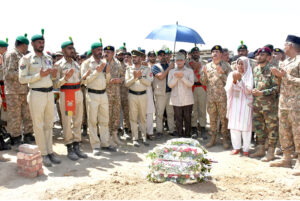 Prime Minister Muhammad Shehbaz Sharif offers Fatiha at the grave of Captain Muhammad Faraz Ilyas who embraced Shahadat in Lakki Marwat