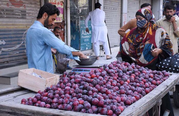 A woman buys Plums from a road side vendor