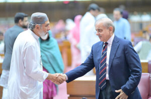 Prime Minister Muhammad Shehbaz Sharif interacts with parliamentarians in the National Assembly.
