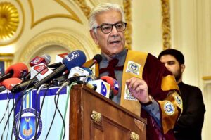 Defense Minister Khawaja Muhammad Asif addressing during the 5th convocation of Government College Women's University.