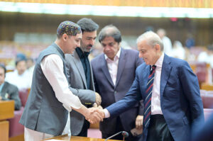 Prime Minister Muhammad Shehbaz Sharif interacts with parliamentarians in the National Assembly.