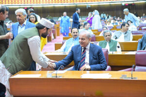 Prime Minister Muhammad Shehbaz Sharif interacts with Chairman PPP, MNA Bilawal Bhutto Zardari in the National Assembly.